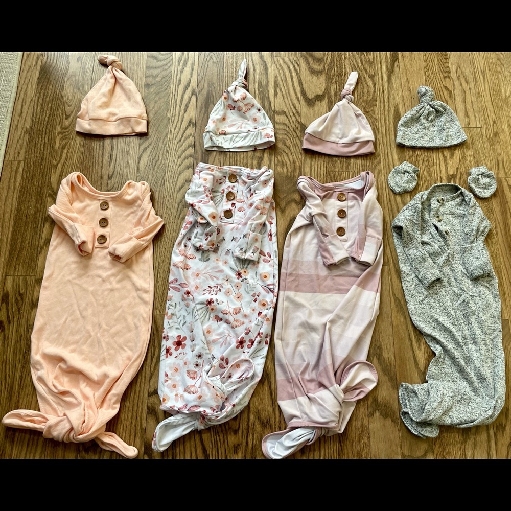 Caden Lane newborn knitted gowns with matching knitted hats